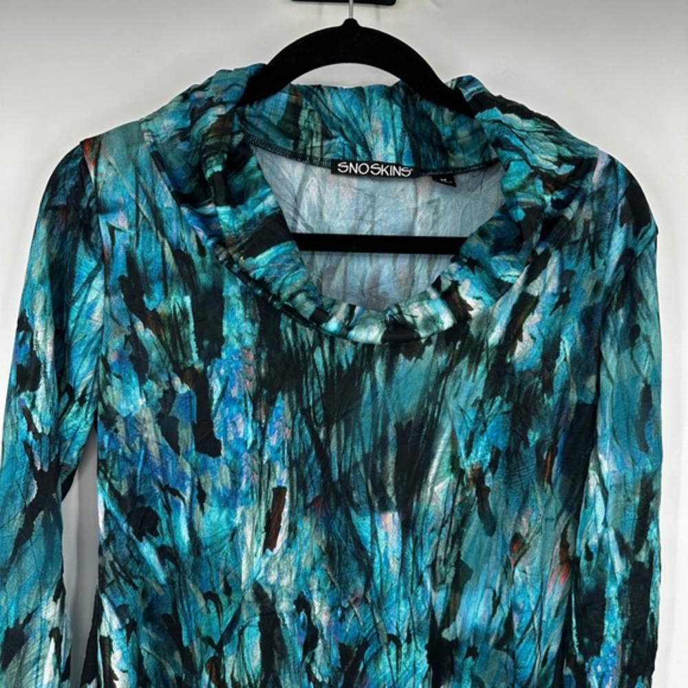 SNO SKINS Teal and Black Abstract Cowl Neck Long Sleeve Top - Picture 2 of 4